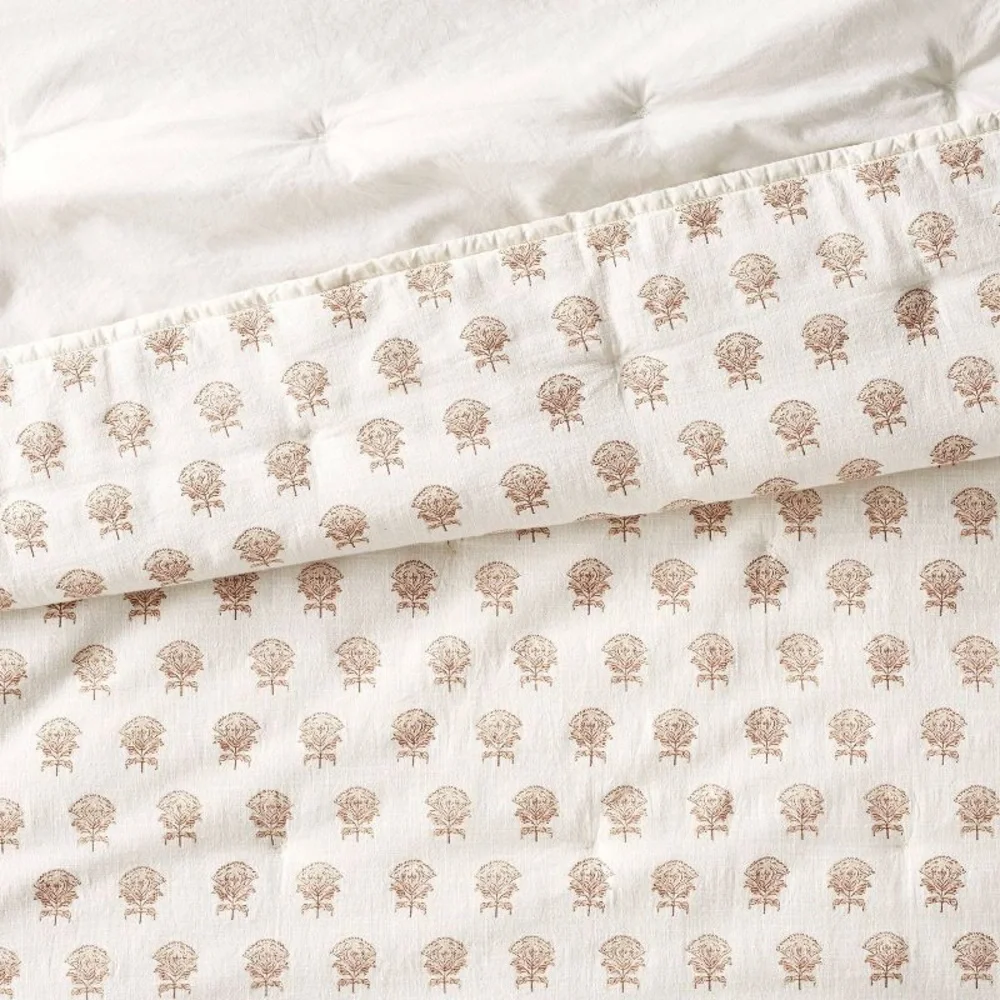 Full/Queen Lofty Cotton Slub Woodblock Print Floral Quilt Threshold Studio McGee